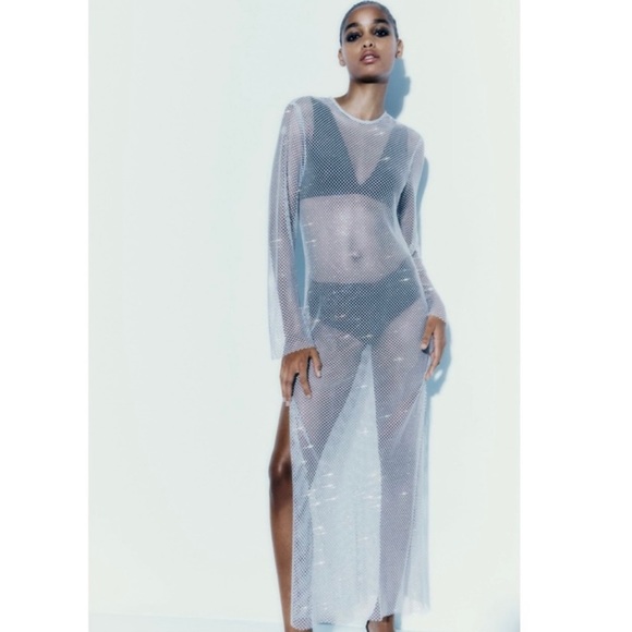 New $169 Zara Rhinestone Mesh Blue Dress Extra Small - Small XS-S 2855/204 - Picture 3 of 11